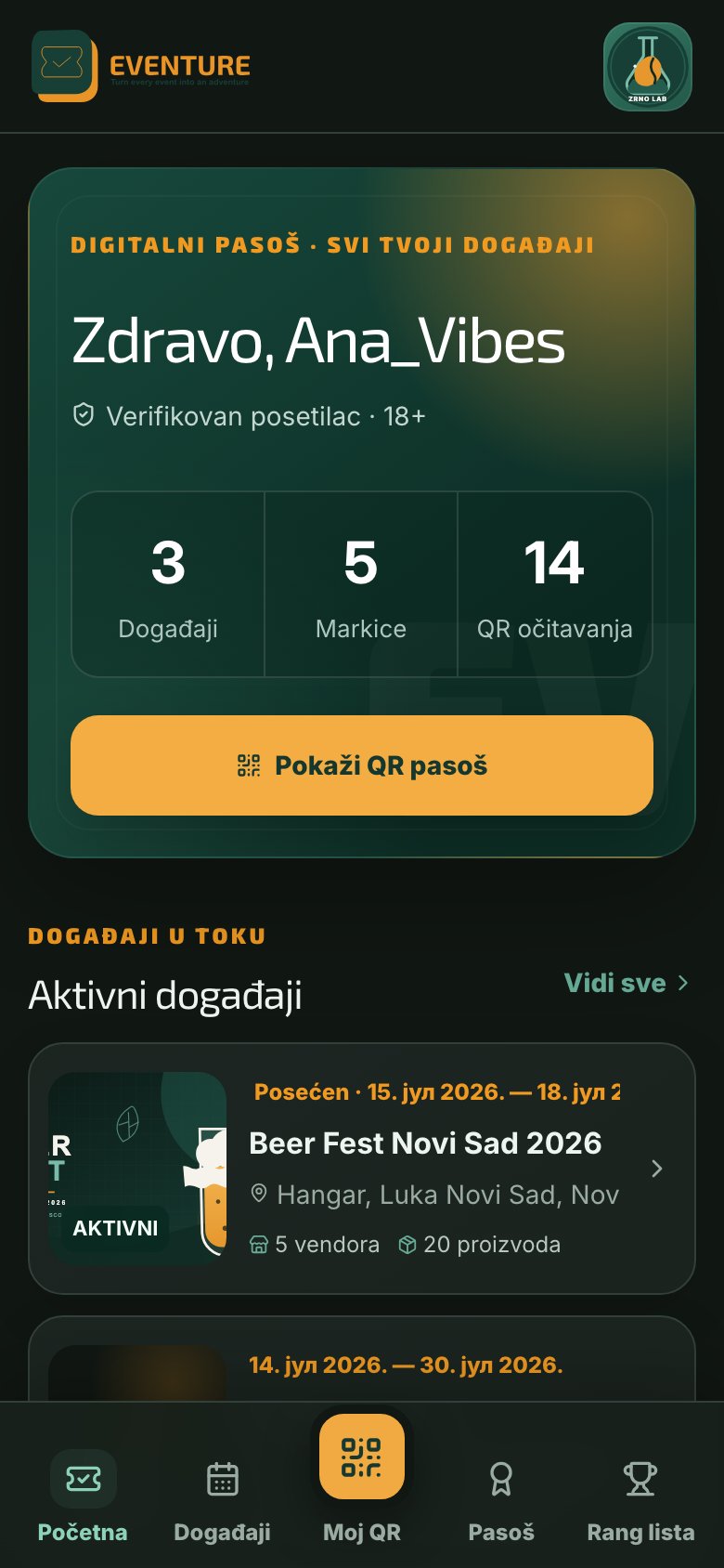 Stvaran ekran digitalnog pasoša posetioca